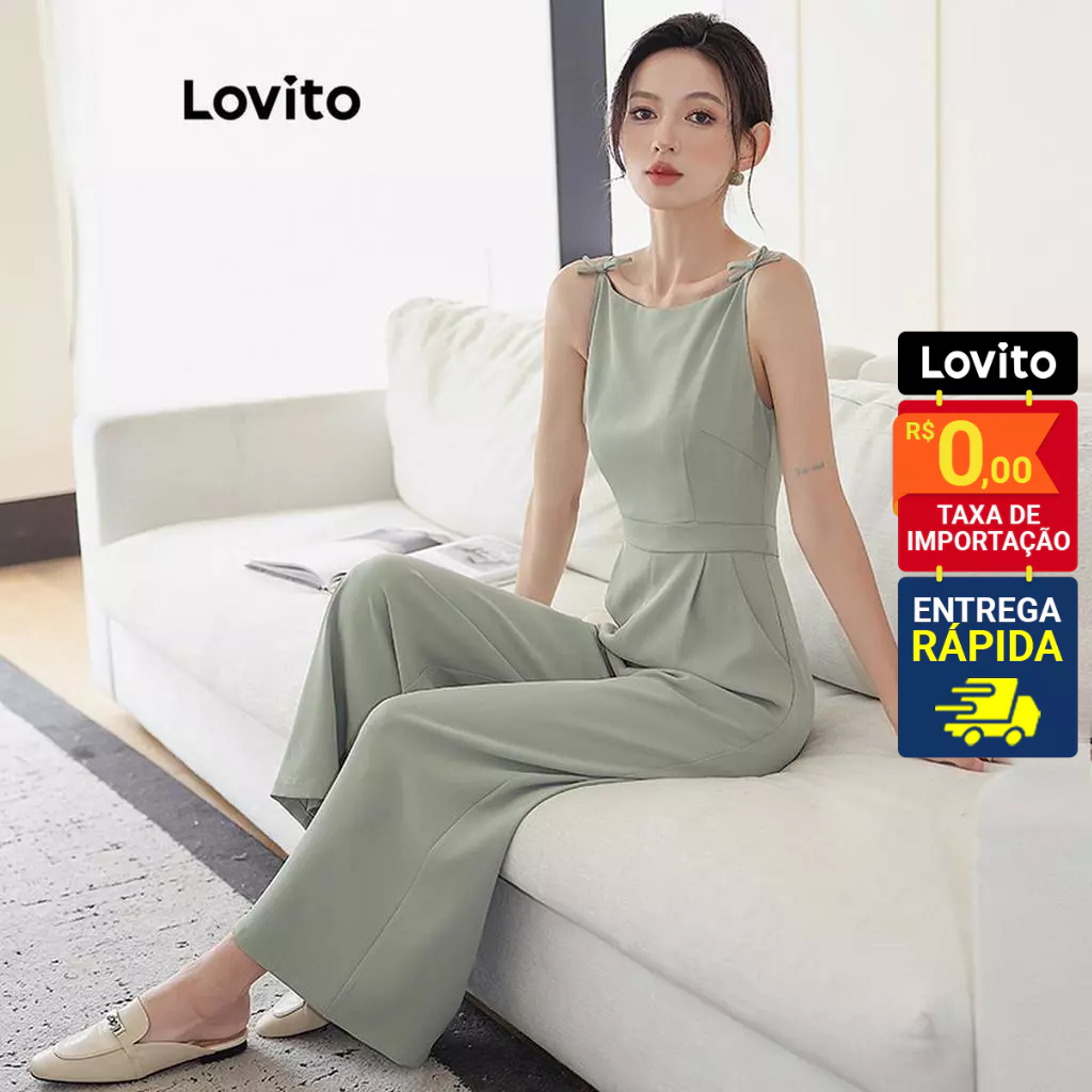 Lovito Casual Macacão Feminino Liso Laço LNE56411 em Oferta na Shopee