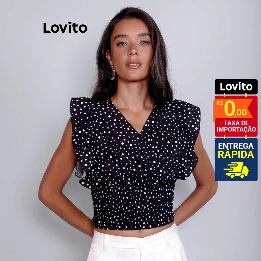 Lovito Top Manga Curta Babados Moda Feminina de Poá LB1343BRL1373 em Oferta na Shopee