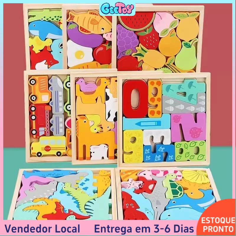 Encaixe Divertido Quebra Cabeça 3D MDF Brinquedo Educativo Animais Dinossauro Montessori Colorido Formas