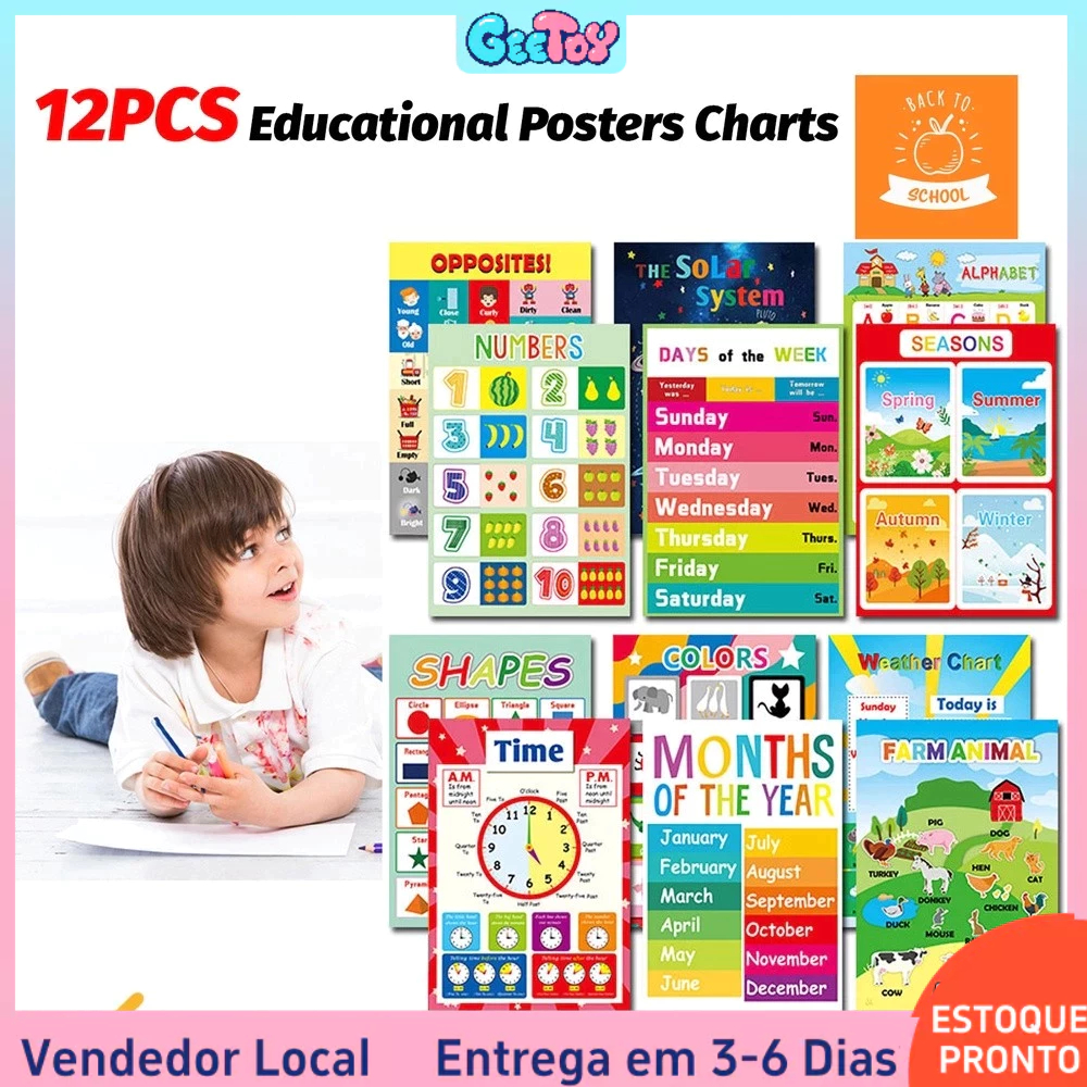 12 Unidades A3 Cartazes Educativos para Pré-Escola - Alfabeto, Números, Formas e Cores para Crianças de Berçário em Oferta na Shopee