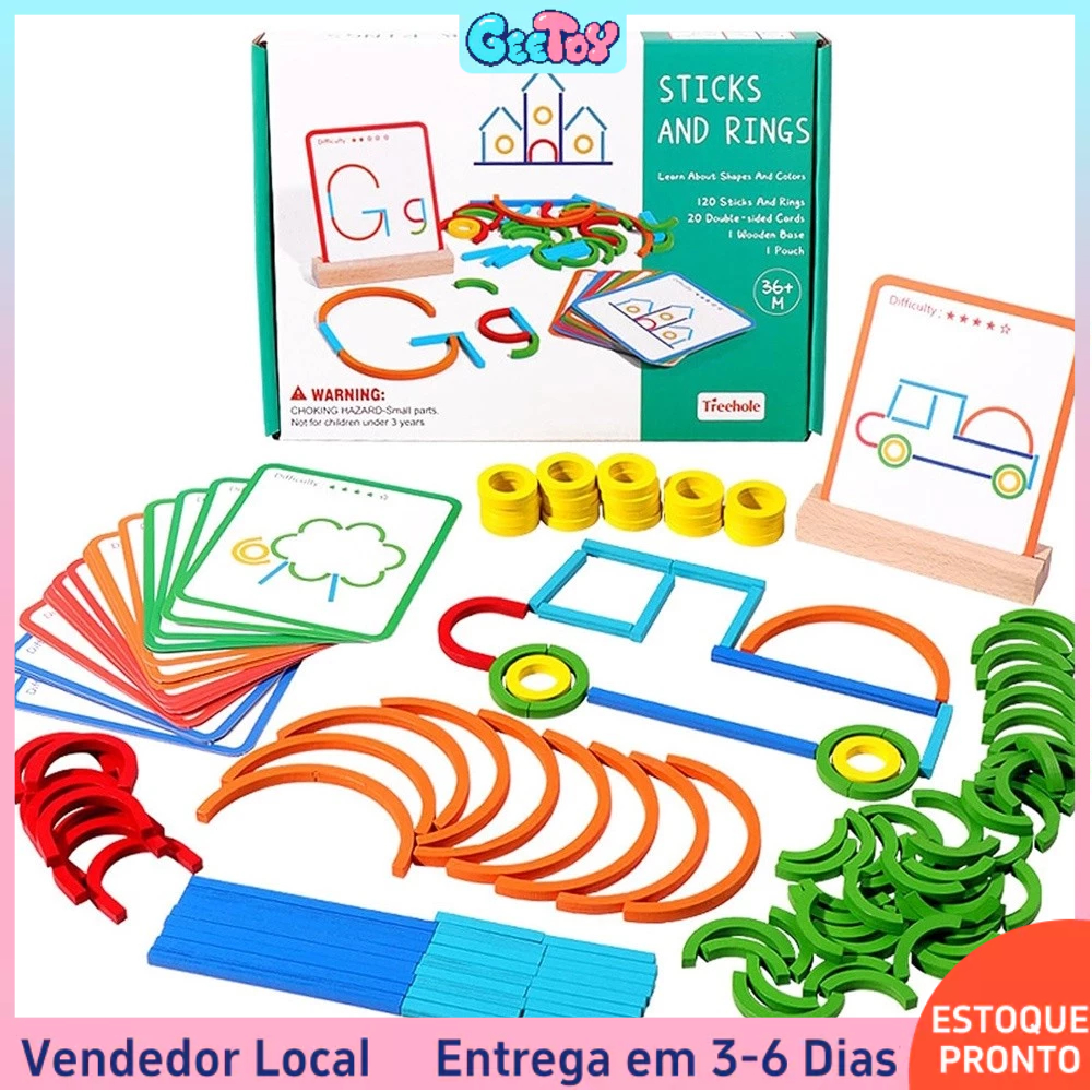 Quebra-Cabeça de Madeira Criativo com Pinos e Anéis, Bloco de Padrões de Madeira, Brinquedo STEM Montessori