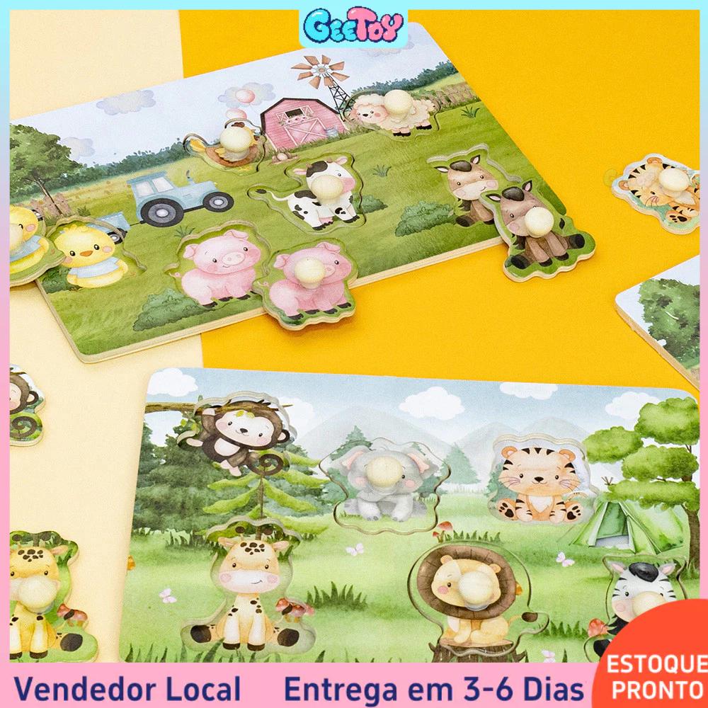 Quebra-Cabeça de Madeira Educativo - Animais da Fazenda e Leão para Crianças (Método Montessori)