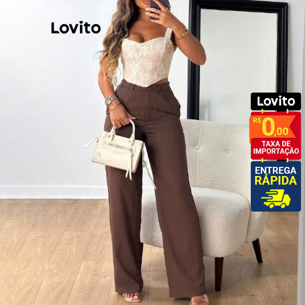 Lovito Calça Casual Bolso Liso E Botão Para Mulheres LNL68092 em Oferta na Shopee