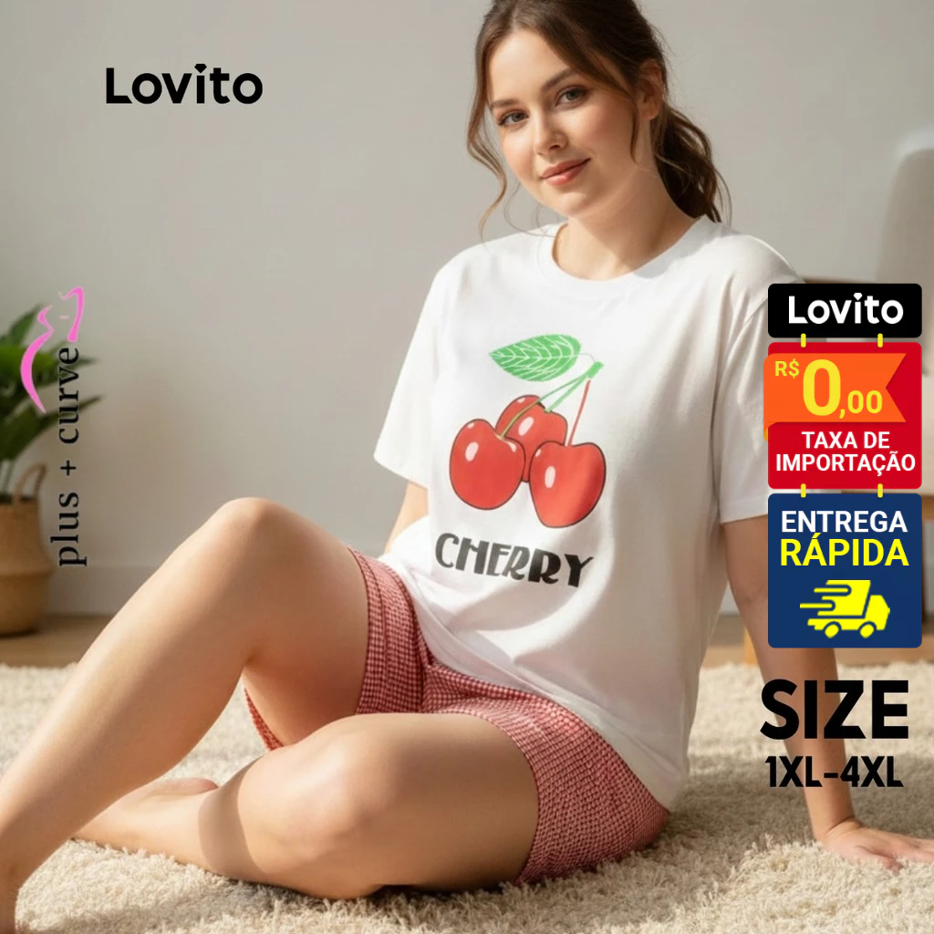 Lovito Conjunto de Pijama Curto Feminino Plus Size LB1205BRL1235