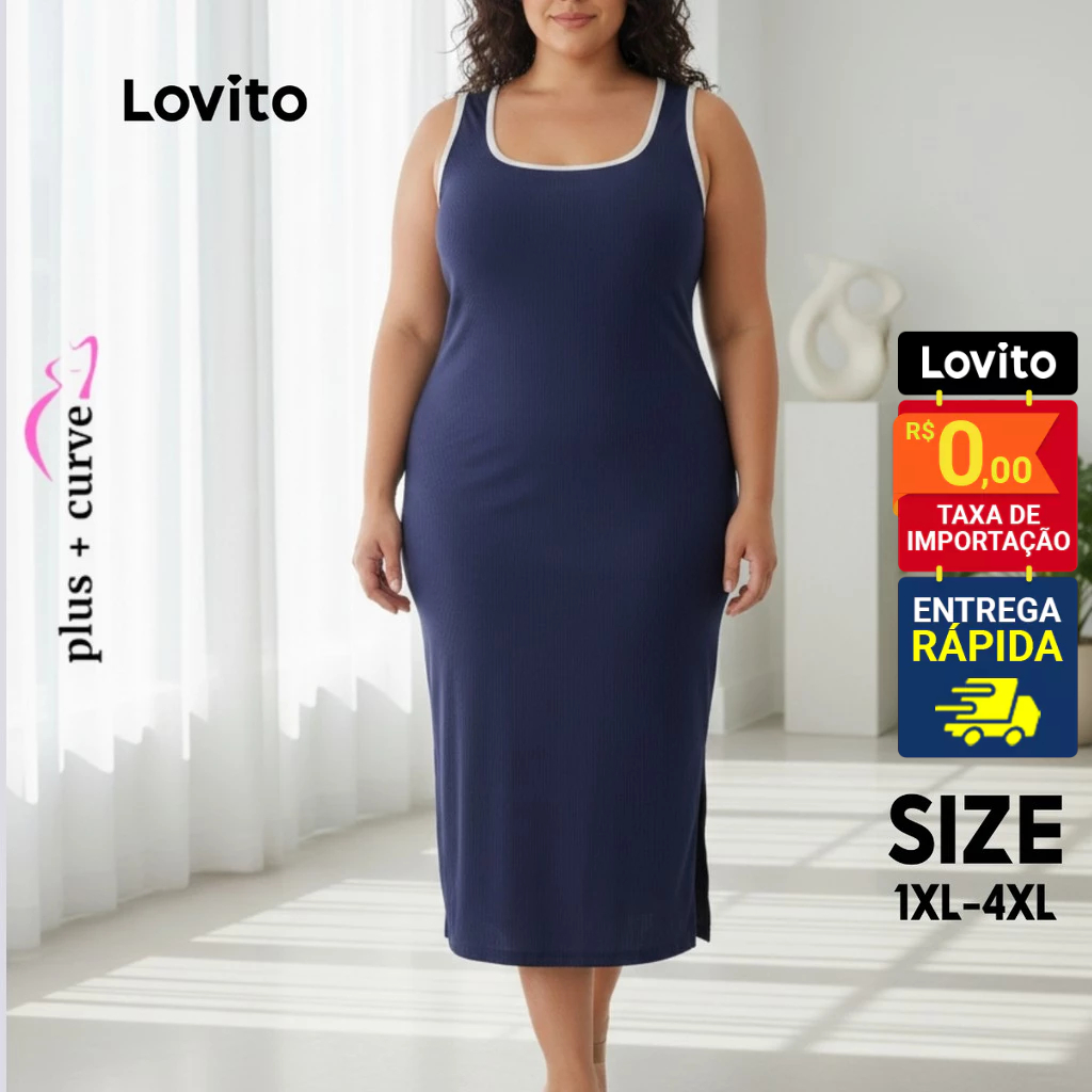 Lovito Vestido Casual Liso Plus Size para Mulheres LB1227BRL1257
