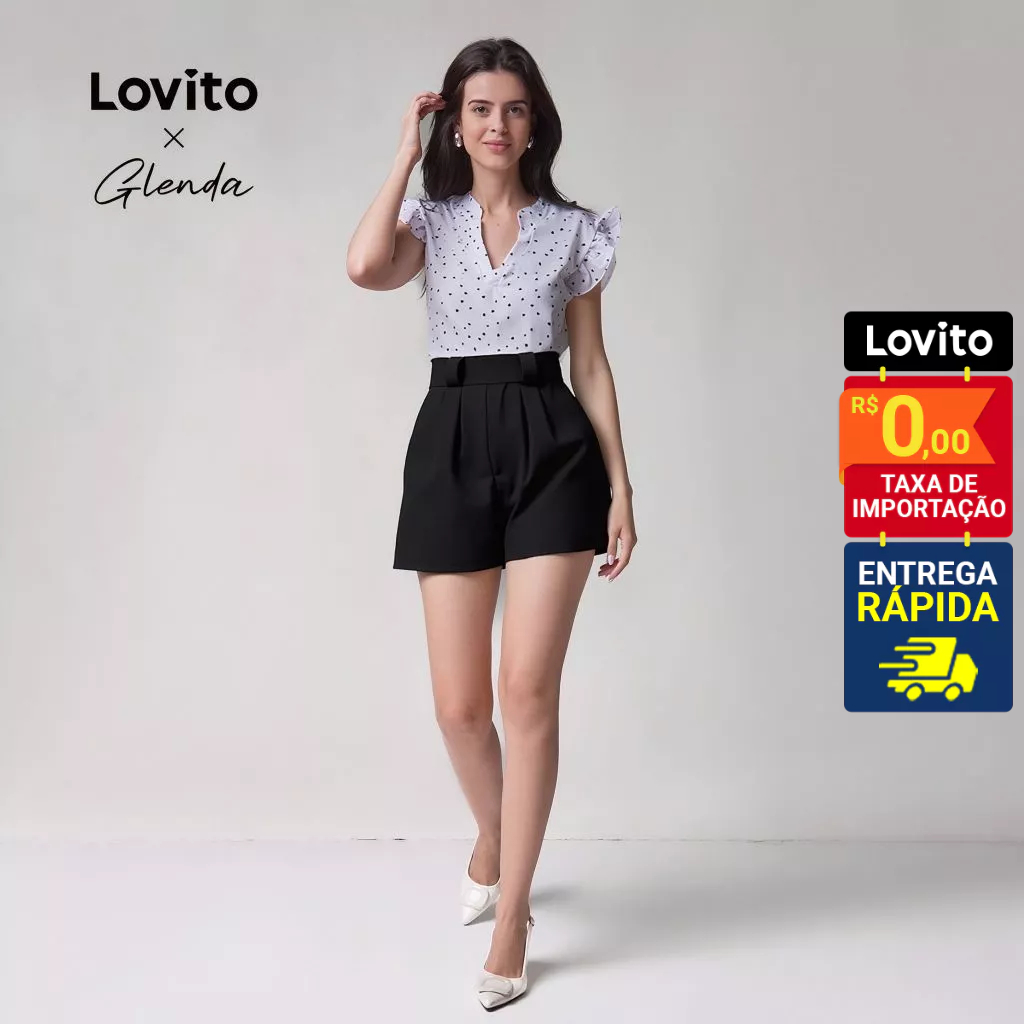 Lovito x Glenda Elegante Short Plissado Básico para Mulheres LBL06164