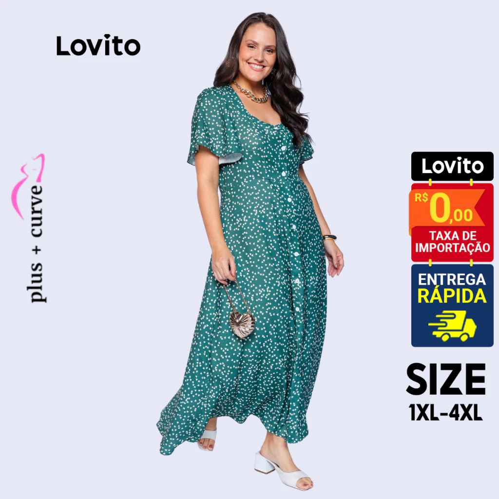 Lovito Vestido Longo Verde Moda Modesta Plus Size Manga Curta Bufante Estampado Feminino LB172BRL201