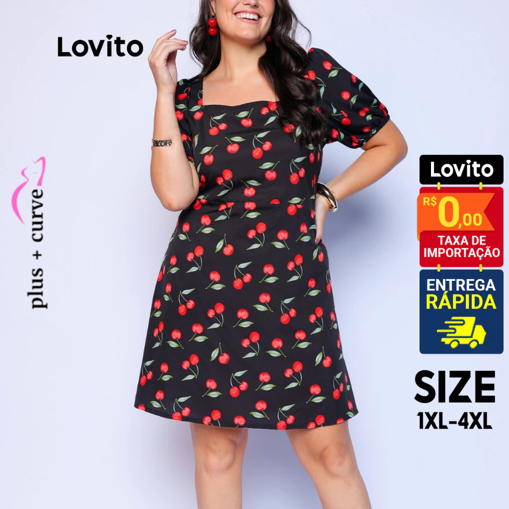 Lovito Vestido Plus Size Rodado Estampa Cereja Moda Curto Decote  Manga Bufante Feminino LB170BRL199 em Oferta na Shopee