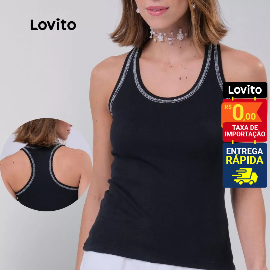 Lovito Regata Preta  Casual Lisa com Costura Contrastante Feminina LB47BRL076