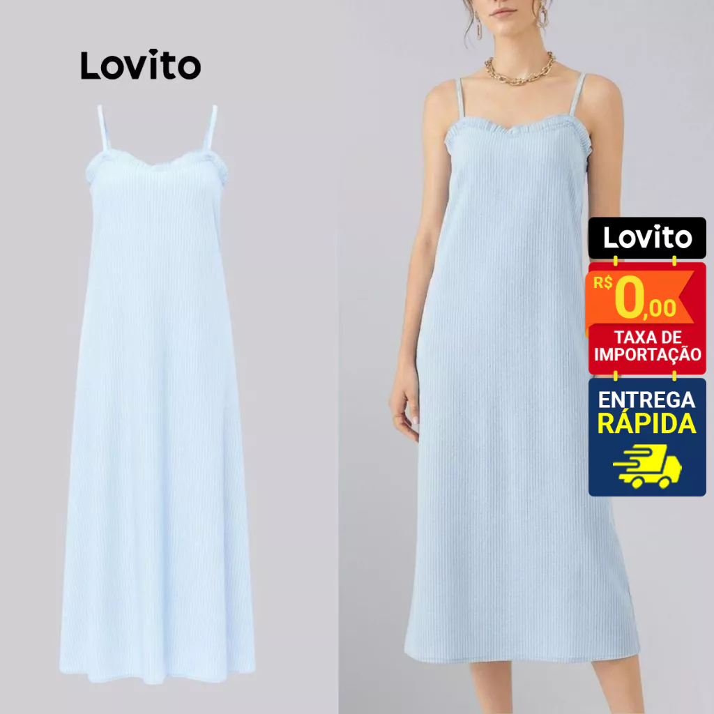 Lovito Vestido Midi Azul Claro Listrado Alça Fina Feminino Moda Elegante  LB65BRL094