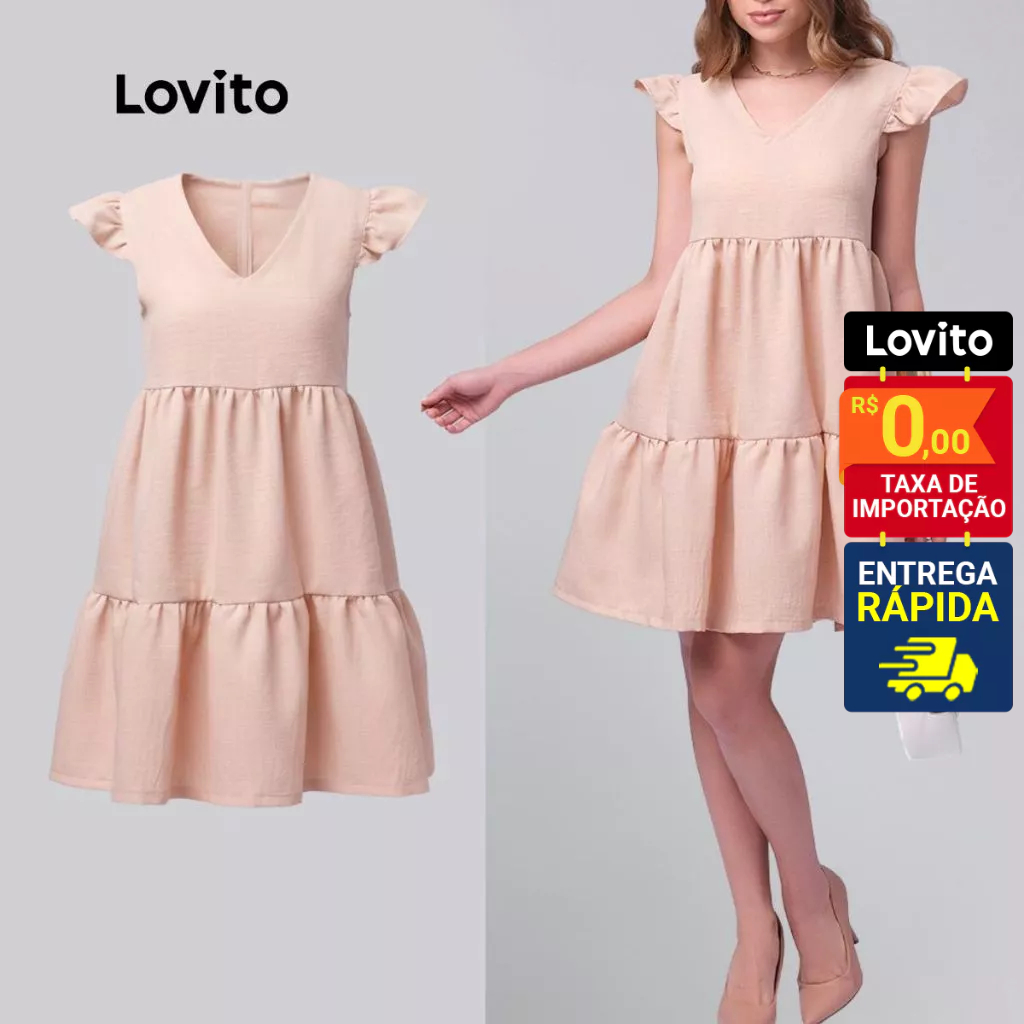Lovito Vestido Curto com Babado Decote Quadrado Liso Feminino LB266BRL295