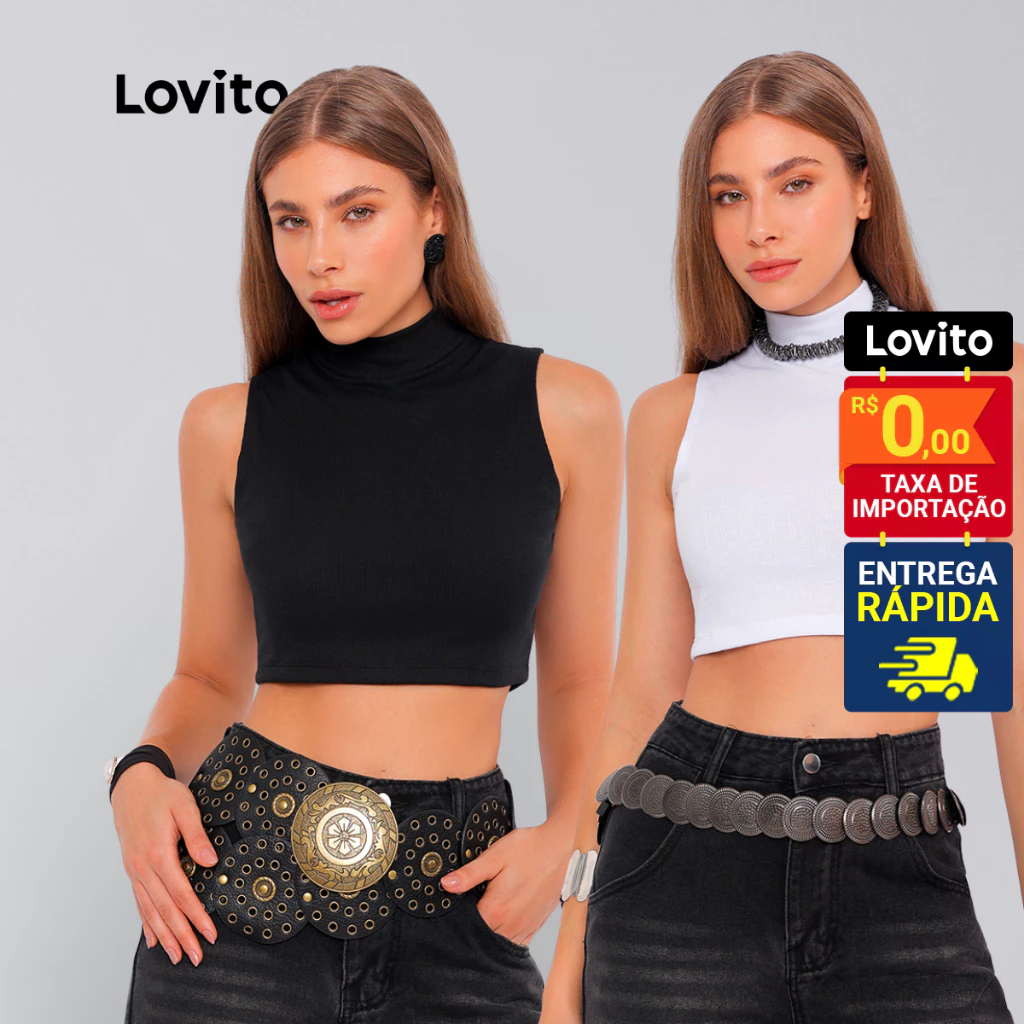 Lovito Regatas Femininas Cropped com gola alta LB713BRL743