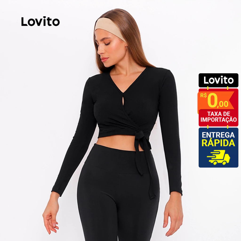 Lovito Blusa Manga Longa Feminina Lisa Transpasse e Amarração Lateral LB439BRL468