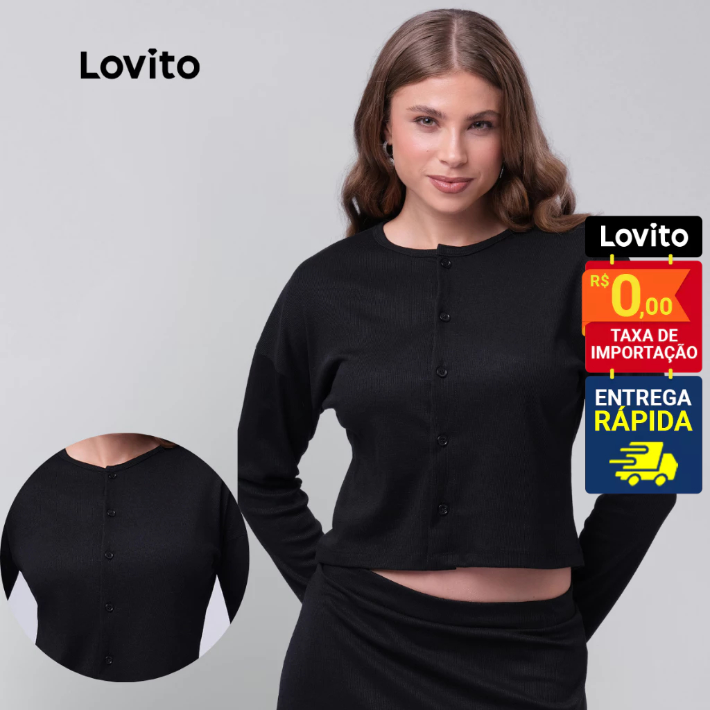 Lovito Cardigan Feminino Manga Longa Gola Canoa Botões Frontais Tricot Manga Longa LB474BRL504