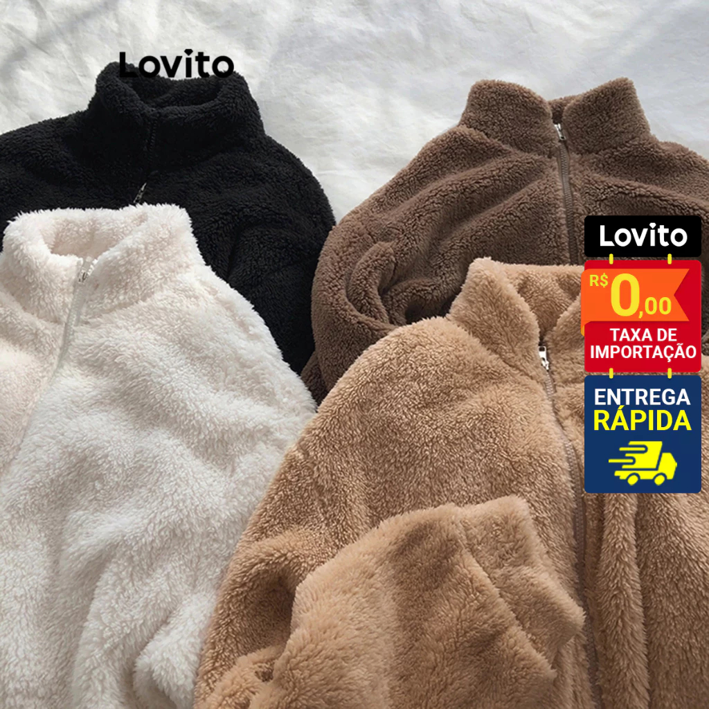 Lovito Casaco Pelinhos Teddy Ziper e Manga Longa Feminino LNE29211 em Oferta na Shopee