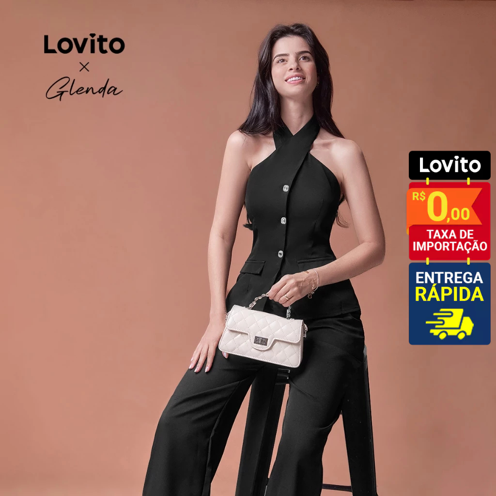 Lovito x Glenda Calça Feminina Pantalona com Amarração na Cintura LNE31118