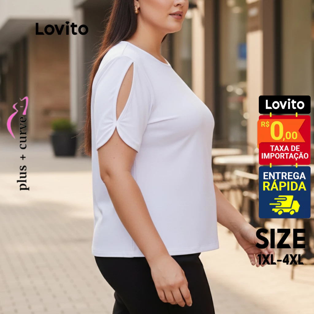 Lovito Camiseta Feminina Manga Curta Plus Size Curve Básica Lisa com Detalhe Abertura na Manga LB362BRL391