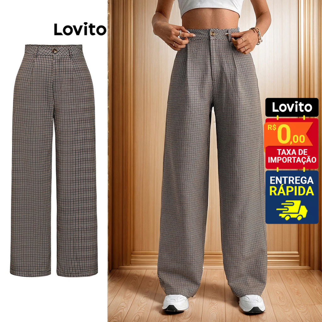 Lovito x Glenda Calça Feminina Casual com Estampa Xadrez LBL20233 em Oferta na Shopee