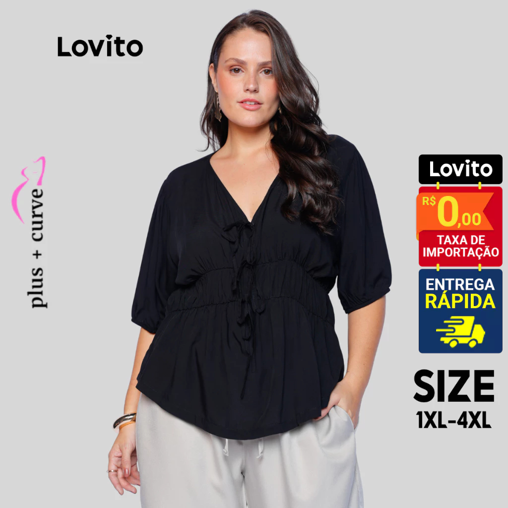 Lovito Blusa Feminina Plus Size Manga 3/4 Decote V com Amarração Nó Frontal LB269BRL298