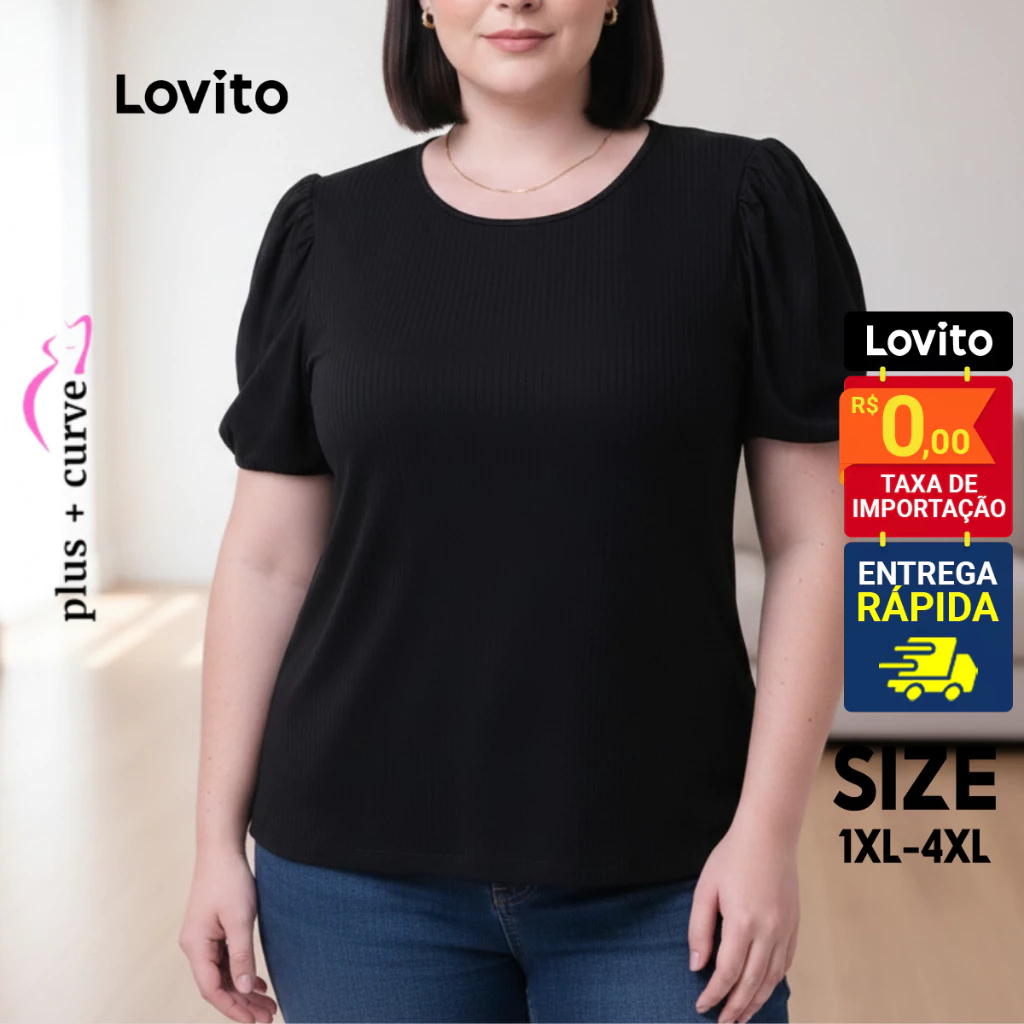 Lovito Camiseta Feminina Plus Size Manga Curta com Manga Bufante LB361BRL390