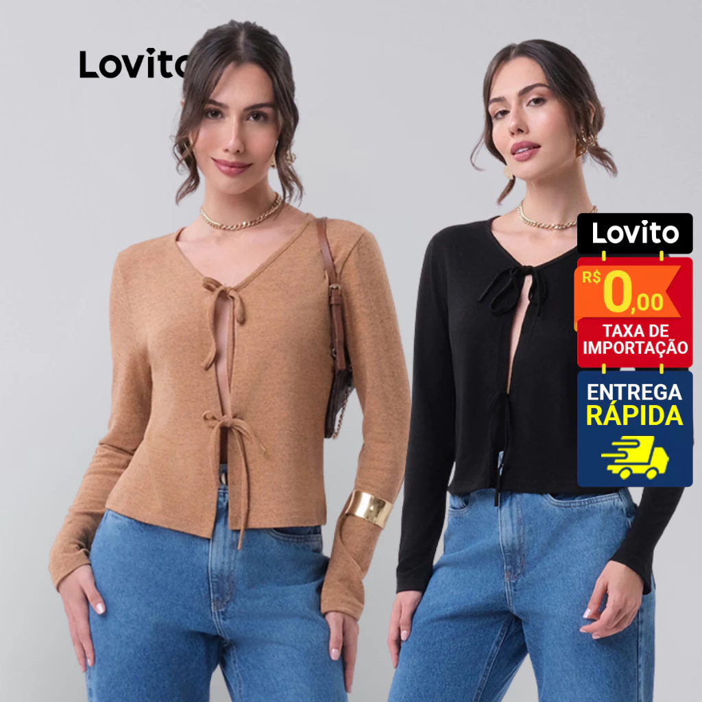Lovito x Glenda Blusa Manga Longa com Laços Frontais de Amarração Moda Feminina LB464BRL493 em Oferta na Shopee