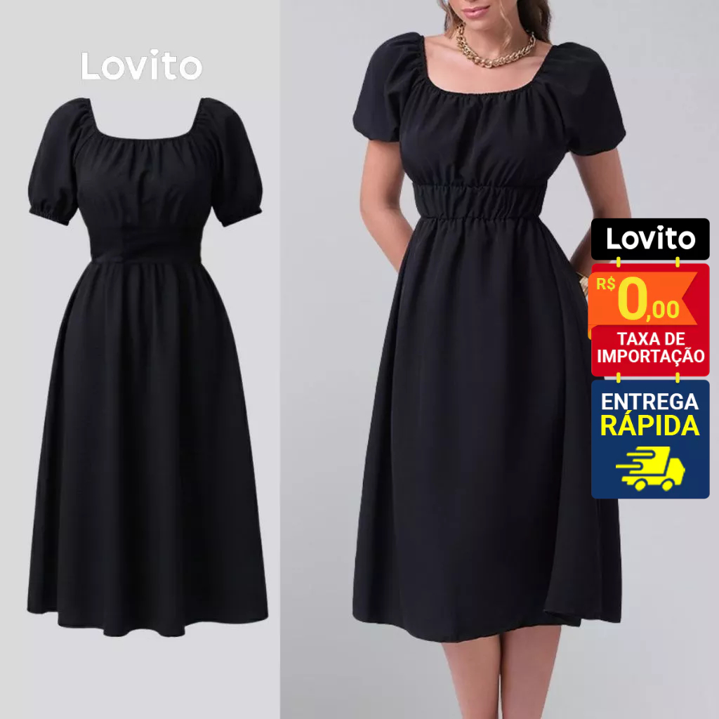 Lovito Vestido Midi Decote Quadrado Manga Bufante Feminino LB137BRL166 em Oferta na Shopee