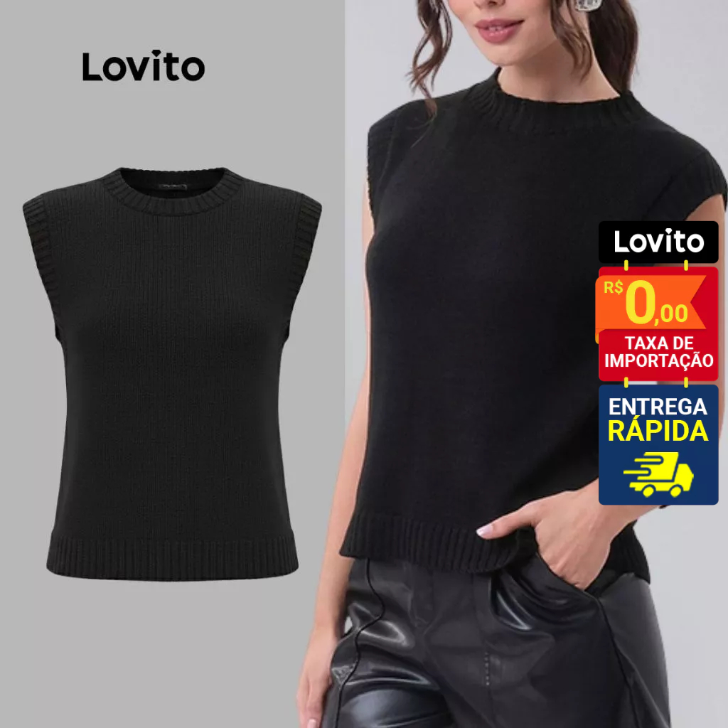 Lovito Blusa Tricot Elegante Preta Sem Mangas Lisa Feminina LB364BRL393