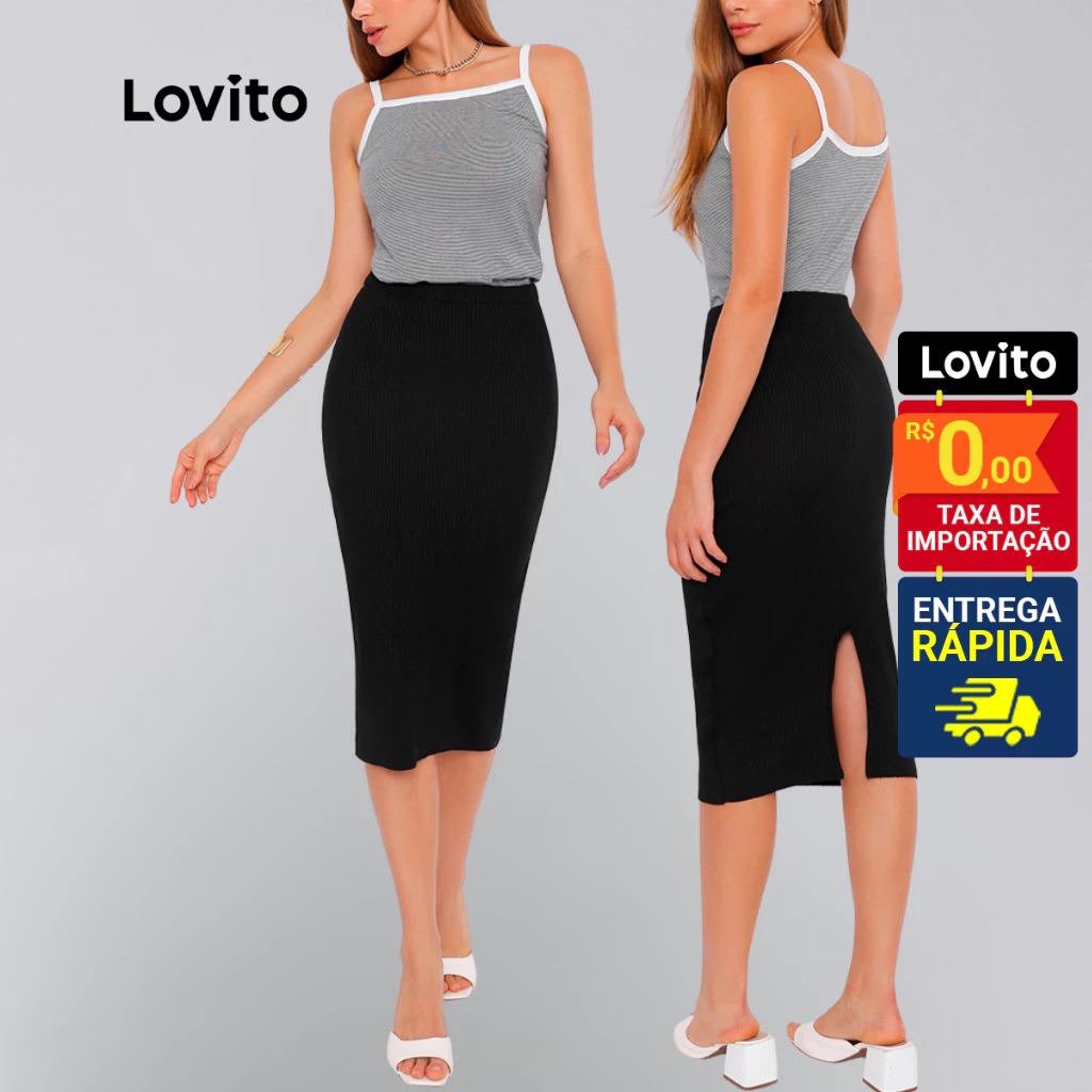 Lovito Saia Lapis Preta Tricot Feminina Reta LB380BRL409 em Oferta na Shopee