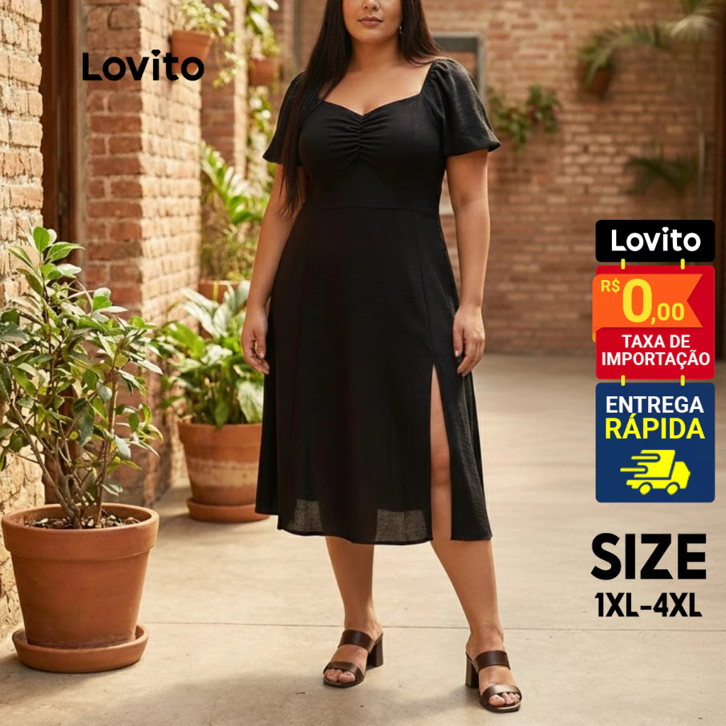 Lovito Vestido Feminino Plus Size Manga Curta Liso LB476BRL506