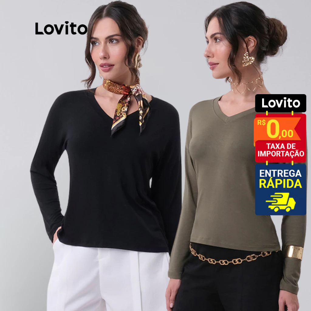 Lovito Blusa Manga Longa Decote V Básica Feminina LB745BRL775