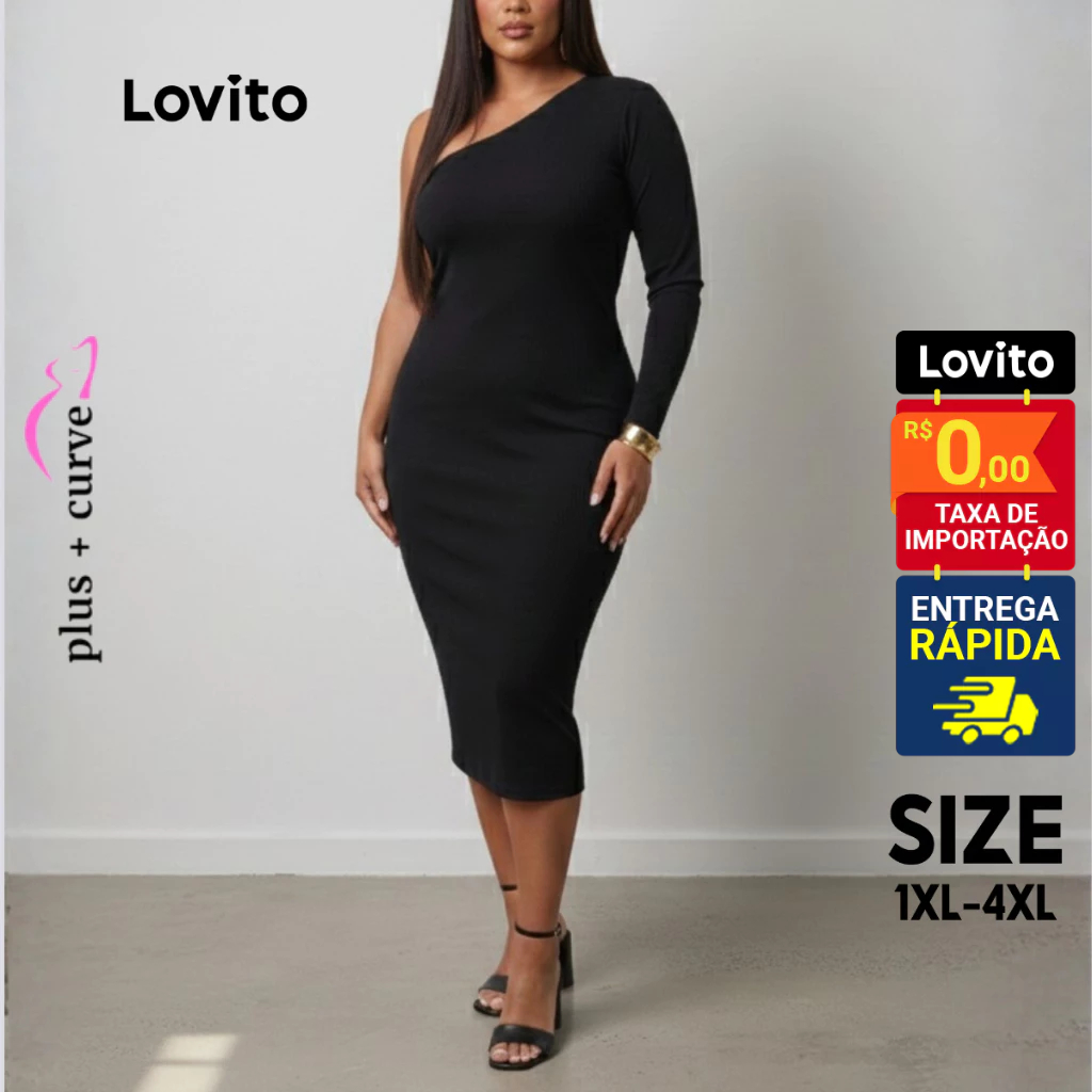 Lovito Vestido Plus Size Midi Feminino Elegante Um ombro Só B472BRL502