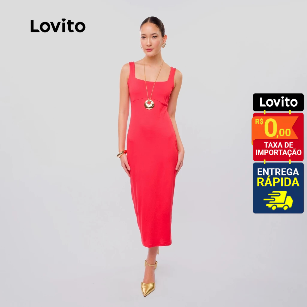 Lovito Vestido Feminino Midi Vermelho em Malha Jersey com Decote Quadrado LB558BRL588 em Oferta na Shopee