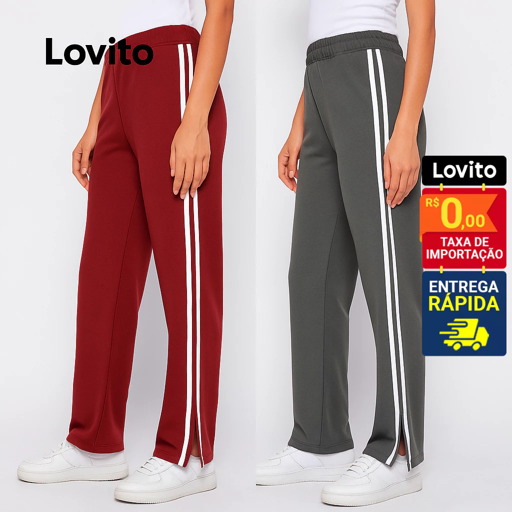 Lovito Calça Moletom Listras Laterais e Fenda LB872BRL902 em Oferta na Shopee