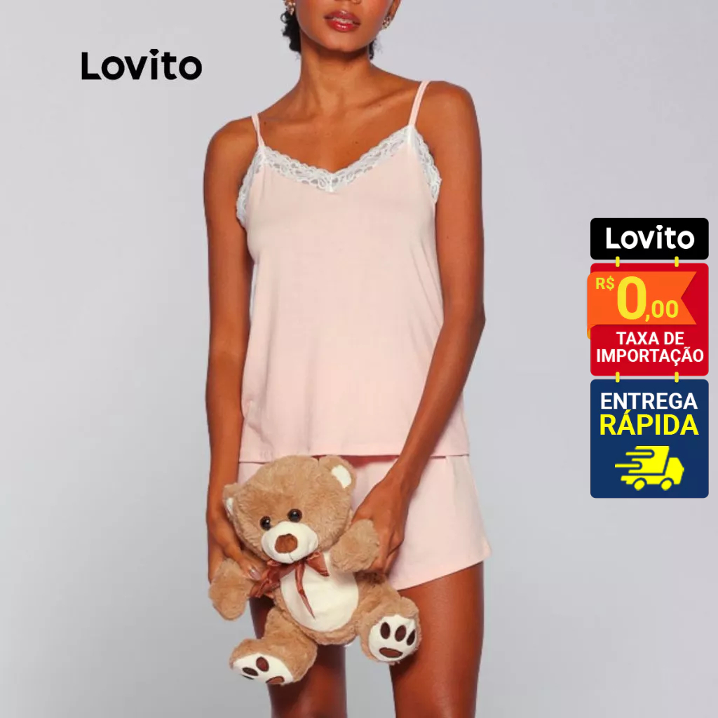 Lovito Pijama Fofo Liso com Renda e Cordão para Mulheres LB795BRL825