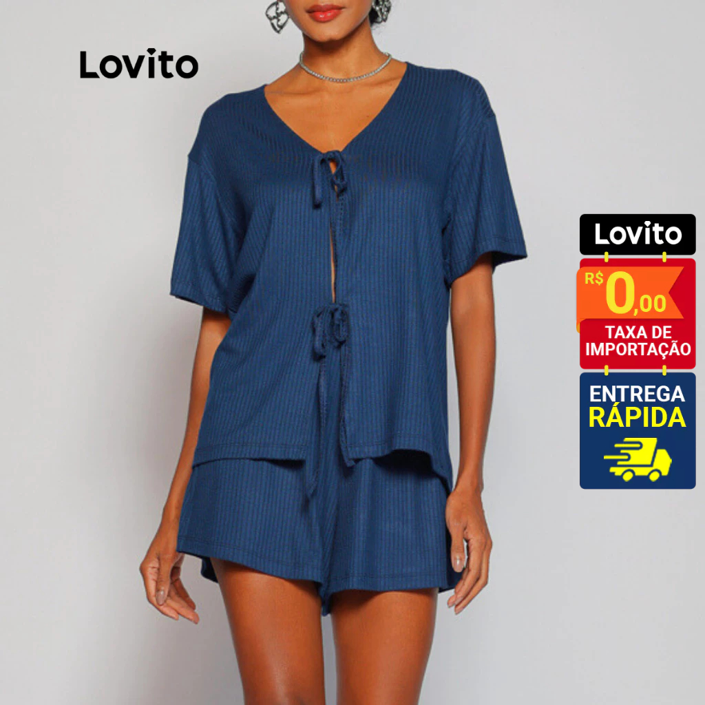 Lovito Conjunto Casual de Shorts com Amarração para Mulheres LB642BRL672