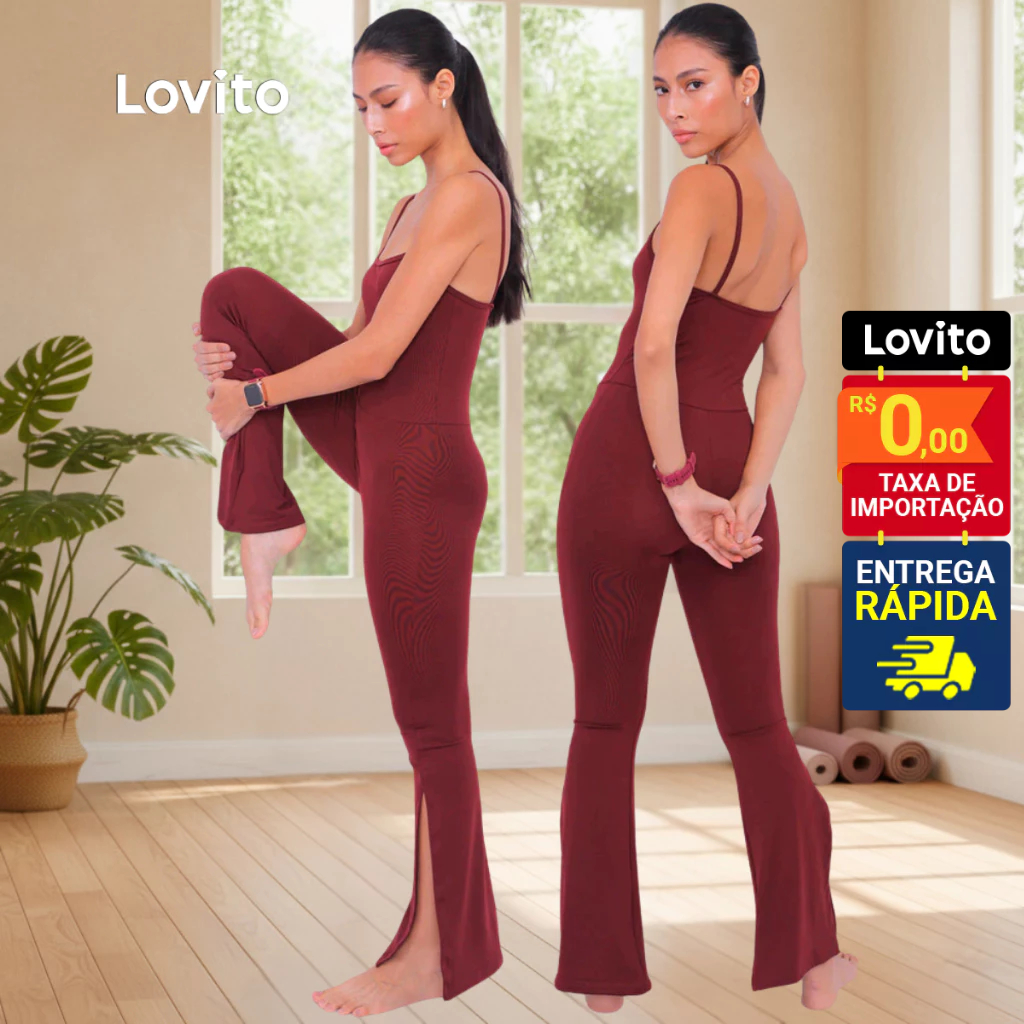 Lovito Macacão Longo Marrom Academia Esportivo Liso para Mulheres LB706BRL736 em Oferta na Shopee
