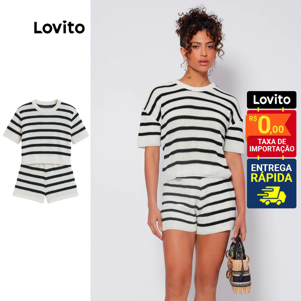 Lovito Conjunto Shorts Listrados Casuais Feminino LB815BRL845