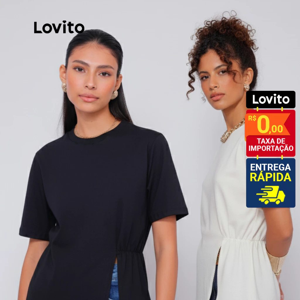 Lovito Camiseta Basica Algodão Gola Careca Manga Curta Moda Mini Fenda Casual Lisa LB517BRL547
