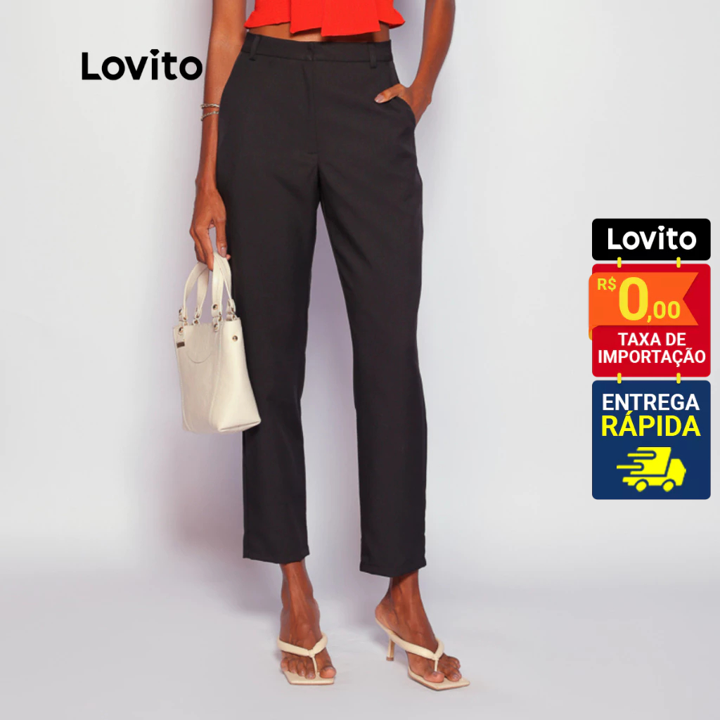 Lovito Calça Feminina Alfaiatada Preta – Look Office Chic LB896BRL926 em Oferta na Shopee