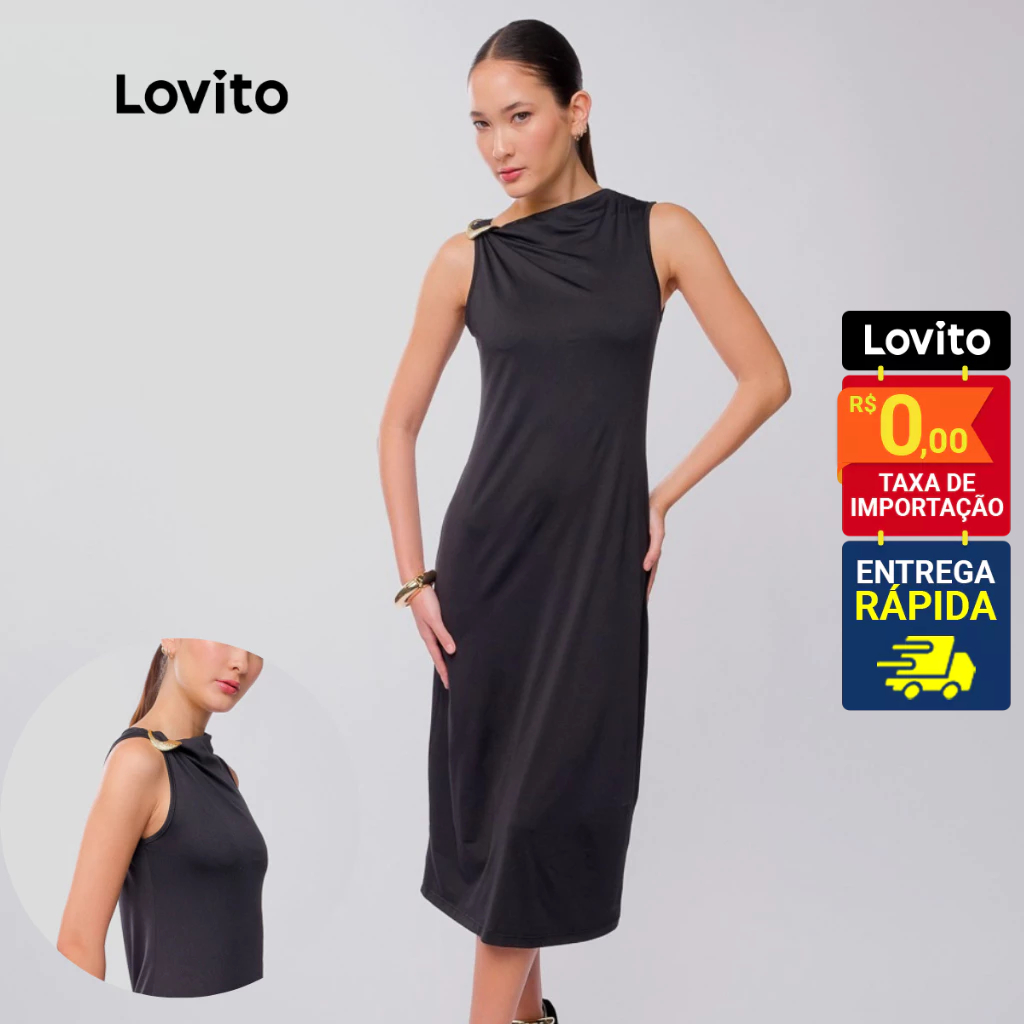 Lovito Vestido Elegante Preto Midi Basico Liso com Fivela para Mulheres LB937BRL967