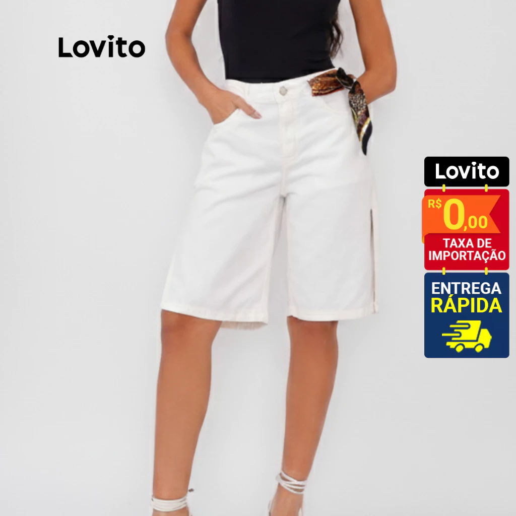 Lovito Bermuda Jeans Casuais Com Fenda Lisos para Mulheres LB901BRL931 em Oferta na Shopee
