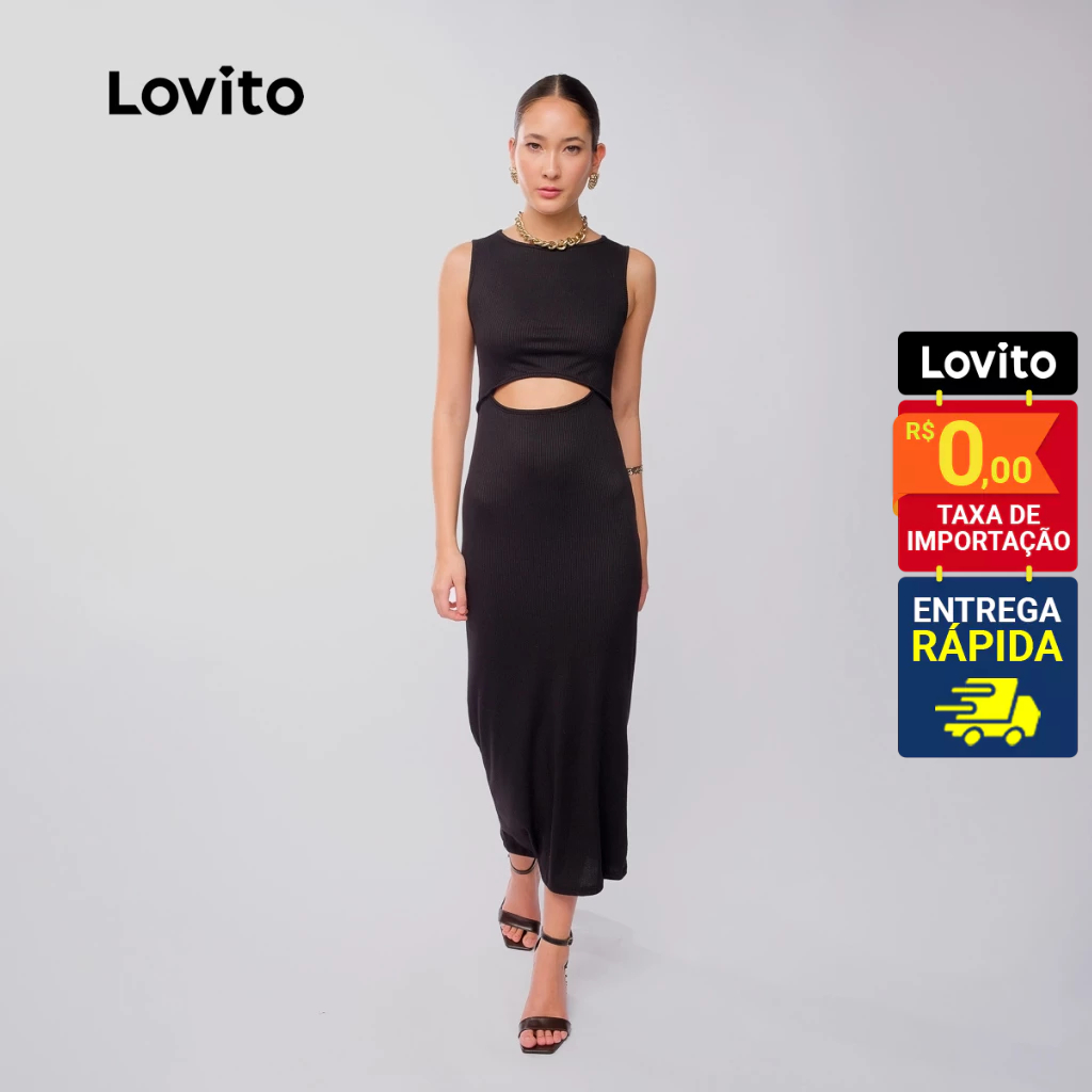 Lovito Vestido Midi Cut Out Casual Lisa para Mulheres