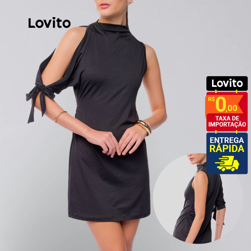Lovito Vestido Curto Manga Cut Out Casual Lisa para Mulheres LB938BRL968