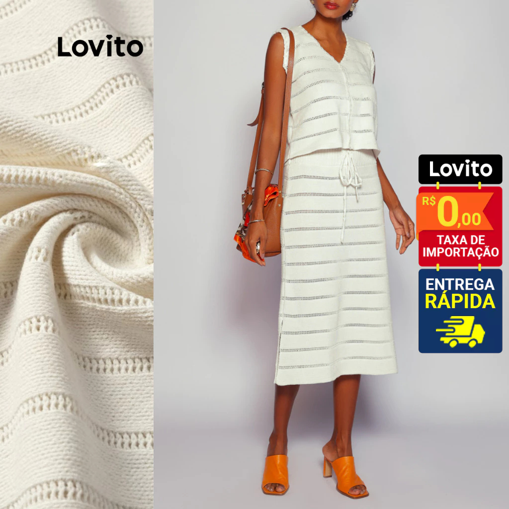 Lovito Conjunto Tricôt Top e Saia Midi com Botões para Mulheres LB814BRL844 em Oferta na Shopee