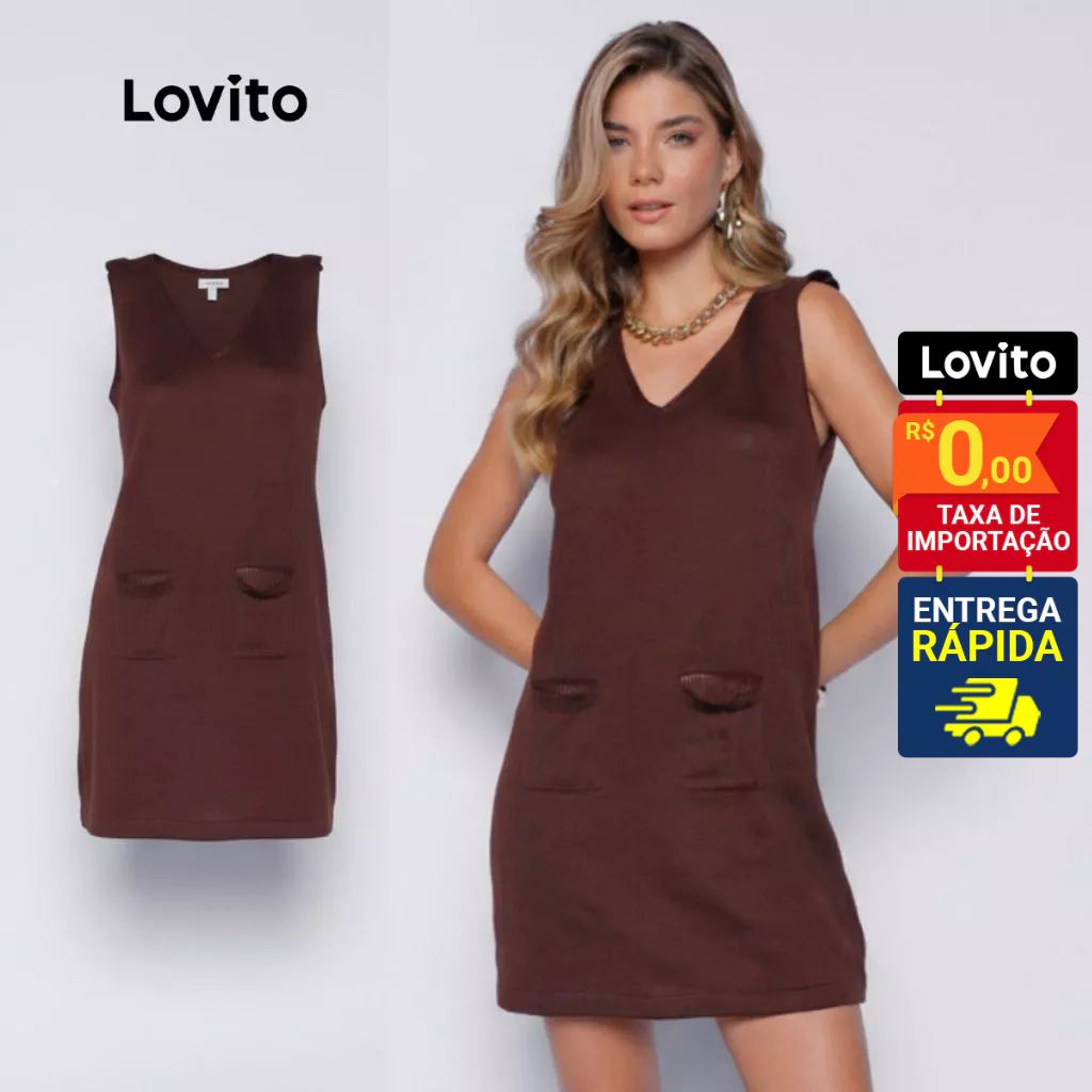 Lovito Vestido de Tricot Casual Marrom Curto Sem Manga com Bolsos Lisa para Mulheres LB809BRL839