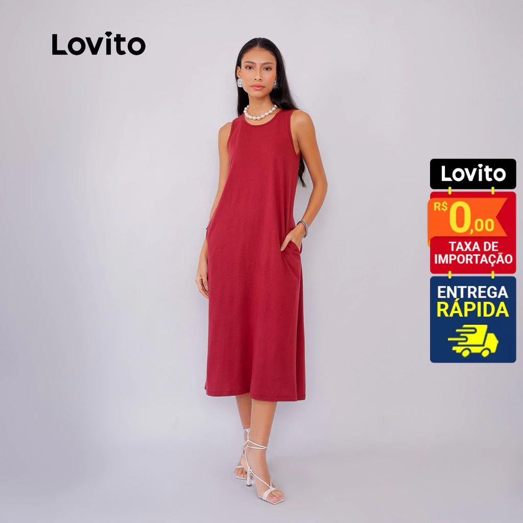 Lovito Vestido Casual Com Bolsos Amplo Lisa para Mulheres