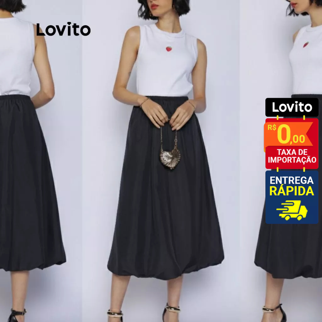 Lovito Saia Midi Balone Preta Chique Moda Modesta Feminina LB1259BRL1289