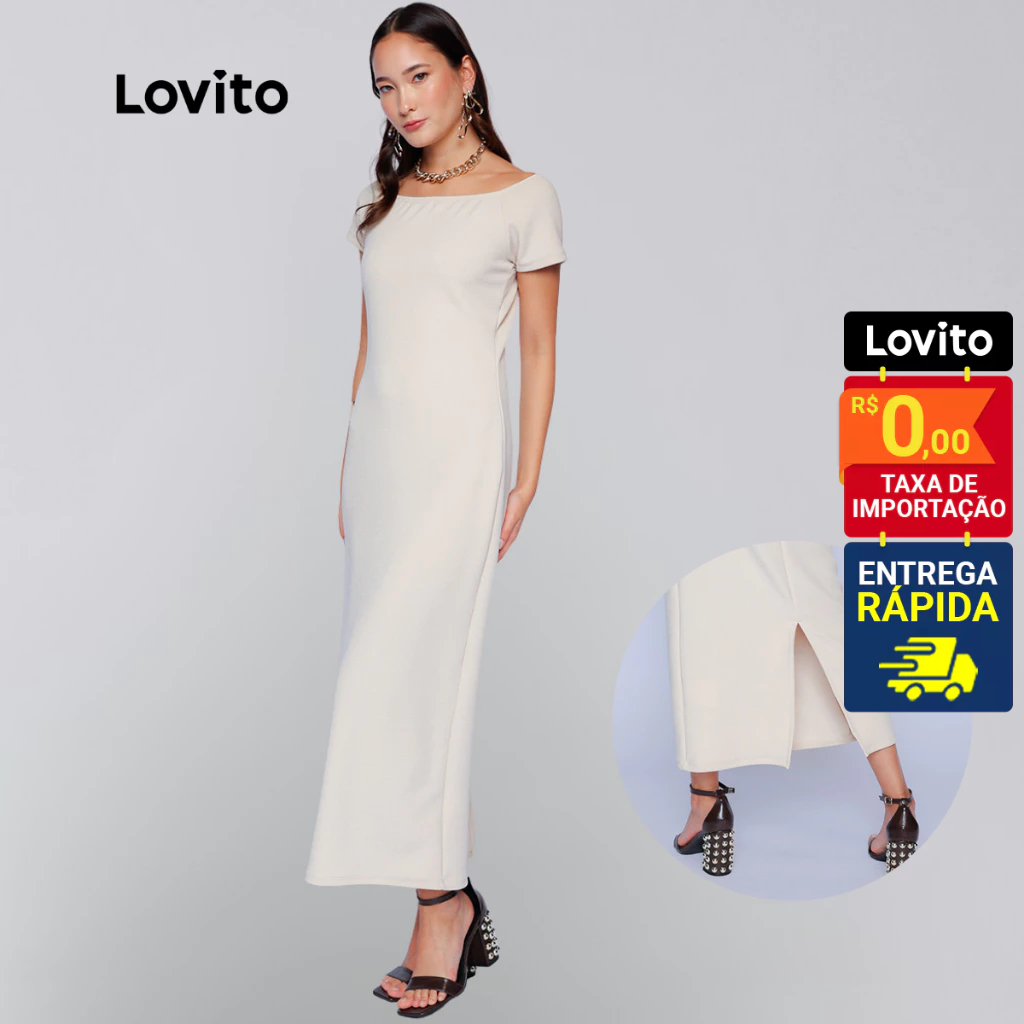 Lovito Vestido Bege Longo Social Manga Curta Casual Liso Feminino LB848BRL878