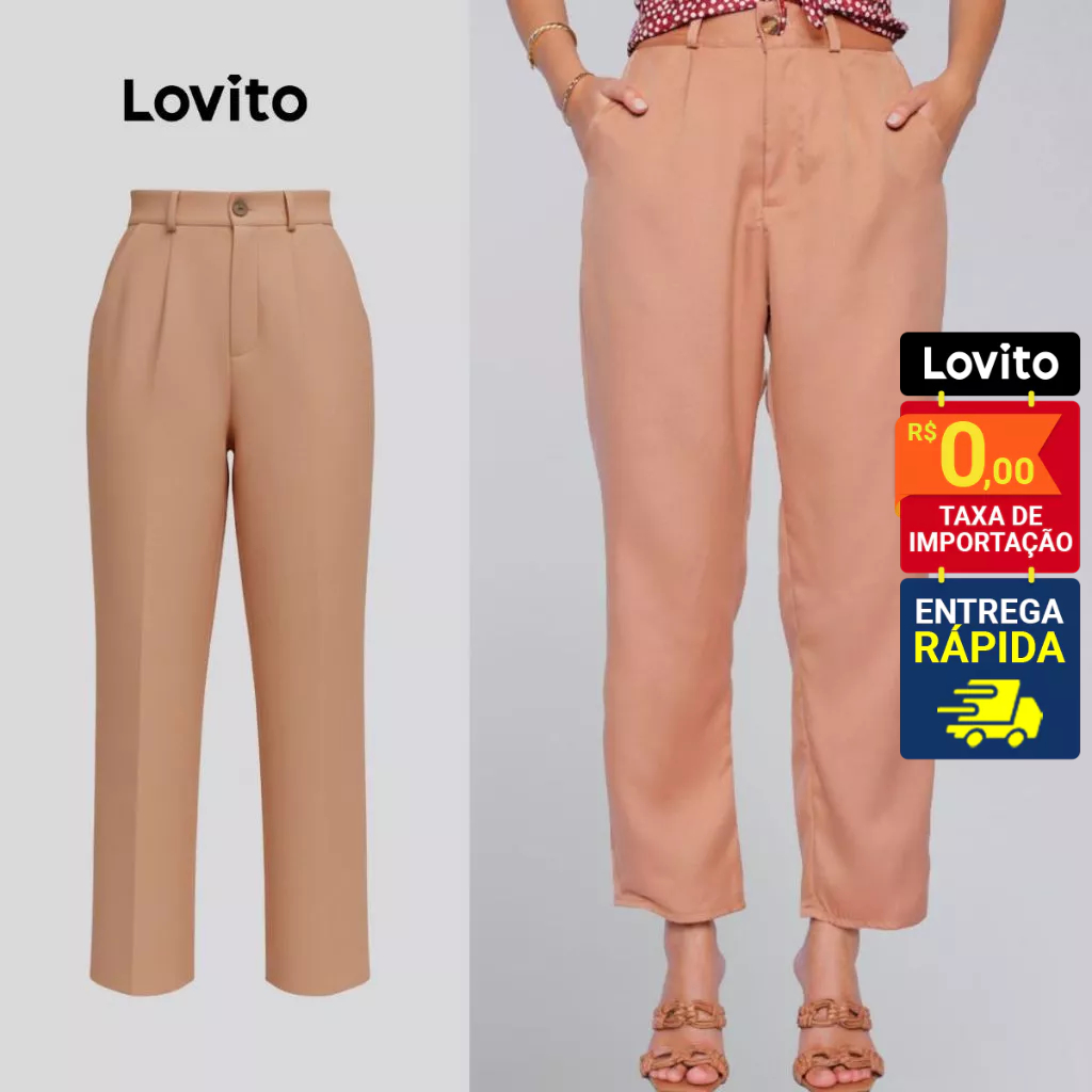 Lovito Calça Alfaiataria Bolsos e Botoes Bege Cenoura Lisa Elegante Feminina LB914BRL944 em Oferta na Shopee