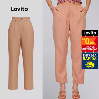 Lovito Calça Alfaiataria Bolsos e Botoes Bege Cenoura Lisa Elegante Feminina LB914BRL944 em Oferta na Shopee